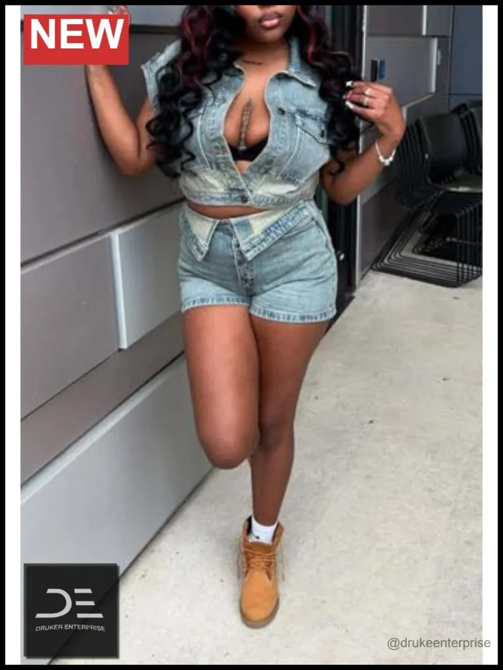 Y2K Denim 2 Piece Set: Cap Sleeve Tank & Asymmetrical Shorts, Stretchy, Pockets